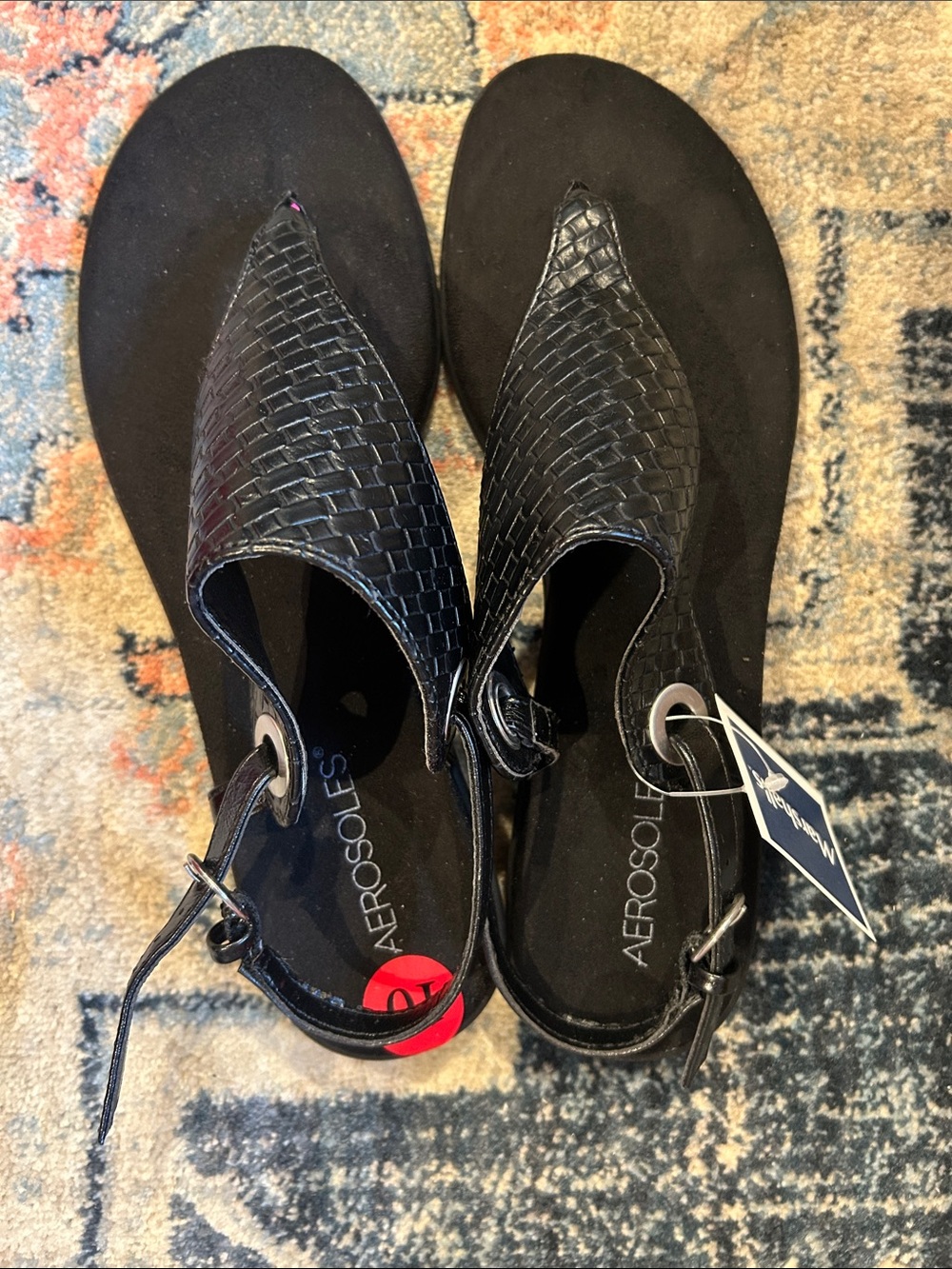 AEROSOLES Black Woven T-Strap Sandals Sz 10 NIB